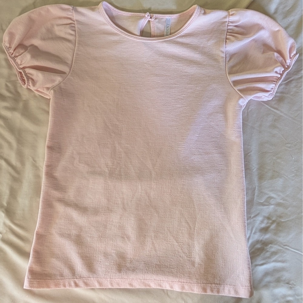 Point Pink Puff Sleeve Top Short Sleeve Textured Knit Keyhole Back Blouse Small